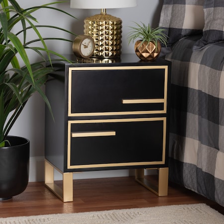 Baxton Studio Giolla Contemporary Glam and Luxe Black Finished Wood and Gold Metal 2Drawer Nightstand 221-12456-ZORO